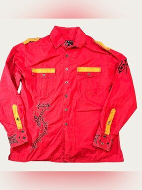 Royal Prestige Men’s L Red Embroidered Cross Rockabilly Western Button Up Y2K